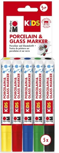 Marabu 0125000000083 – Porcelain & Glas Painter Kids, Set Maxi Fun avec 5 couleurs, stylo pour porcelaine et verre pour enfants, peinture facile, passe au lave-vaisselle après cuisson, pointe 1 à 3 mm