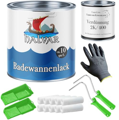 Halvar 2K Badewannenlack im Set - Badewannenbeschichtung inkl. Farbroller, Handschuhe & Entfetter - Badewanne streichen mit Emaille Lack (1 L, Weiß)