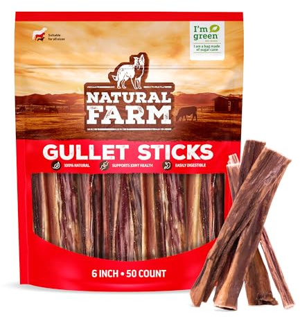 Natural Farm Gullet Sticks (6 Inch, 50 Pack) - One Ingredient Beef Esophagus Chews - Fully Digestible, Promotes Joint & Dental Health, for Pups, Small & Senior Dogs