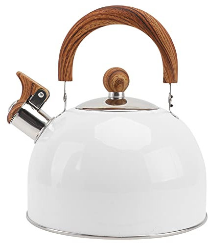 Whilstling Kettle Stove Top Teapot:- 2.5L Stainless Steel Camping Kettle for Gas Stove or Induction Hob with Wooden Grain Foldable Handle and Tall Whistle, Fast Boil Teapot - White