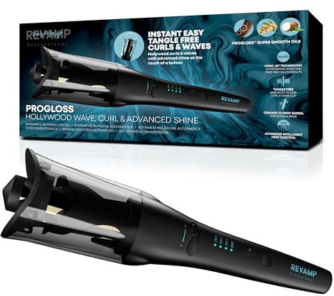 REVAMP Hollywood Wave Auto Rotate Ceramic Hair Curler - Ceramic, Ionic Barrel, Waver for Tight Curls, Beach Waves - Rotating Styler, Wavy Hair Curler, Iron Curling Tong