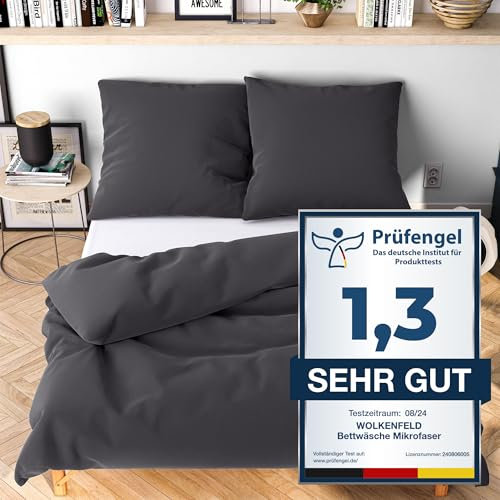 Wolkenfeld Bettwäsche 155x220 cm – Anthrazit - kuschlig weich & bügelfrei – ÖKO-TEX Zertifiziert – Mikrofaser Bettwäsche-Sets 1x Bettbezug 155 x 220 + 1x Kissenbezug 80x80