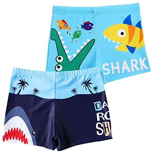NautySaurs Boys Swim Trunks Toddler Swim Shorts Swimming Boxer Briefs, Shark+Crocodile, 3-4 Years