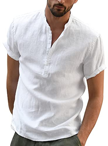 YAOBAOLE Chemise Homme Lin Chemises Col Mao pour Hommes Grande Taille Chemisette Leger pour Hommes Été Casual T Shirt Vetement Homme Blanc 3XL