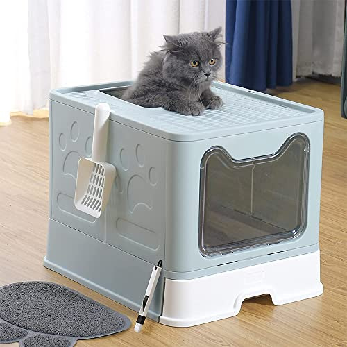 Bandeja de arena cerrada para gato, casa de baño, bandeja extraíble, pala, cepillo, para gato grande, capacidad de carga, 15 kg, antifugas, gran casa de aseo para gatos (51 x 41 x 38 cm-Bleu)