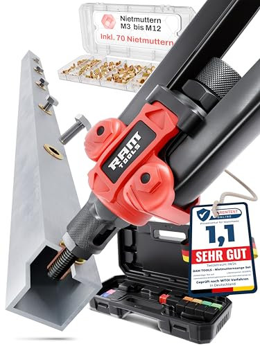 RAM TOOLS® Remachadora para tuercas de remache, incluye 70 tuercas de remache, con tabla de tamaños de orificio, mandriles en M3, M4, M5, M6, M8, M10, M12, incluye caja de tuercas de remache