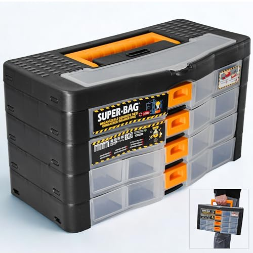Werkzeugkoffer Kleinteile Organizer 4 Schubladen 390x190x215mm Sortierkasten 21 Innenfächer verstellbar Sortimentskasten stapelbar Werkzeugbox Aufbewahrungsbox Kleinteilemagazin