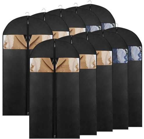 Moucas 43 Suit Bags for Closet Storage and Travel, Garment Bags for Hanging Clothes, Suit Garment Bag for Men, Black Suit Cover Bags with Clear Window for Coats, Jackets, Shirts（10 Packs）