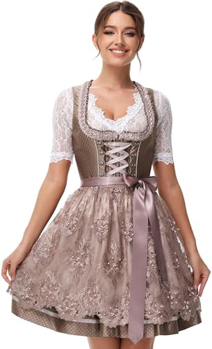 ELFIN Dam, midi, dirndl, elegant traditionell klänning, dirndlklänning, kostymmode, klänning för Oktoberfest inkl. spets, dirndlförkläde, storlek 34–46 – 50 cm, Mörkt kaffe, 40