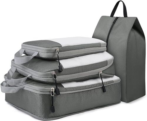 Packwürfel Set 4-teilig Kompression | 3 Größen (S/M/L) + Schuhbeutel | Koffer Organizer für Damen & Reisezubehör | Premium Kompressions-Packing Cubes mit Reißverschluss | Leicht & Wasserdicht
