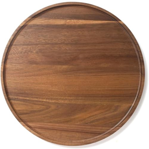 Round Wood Tray, Acacia Wooden Decorative Serving Tray for Coffee Table and Home Decor, Wooden Appetizer Charcuterie Board for Kitchen Countertop (13.8 inch)
