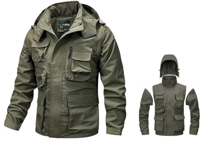 VaiKanhai Veste d'extérieur légère pour homme - Veste de pêche - Veste de pluie 2 en 1 - Capuche amovible et veste fonctionnelle à manches longues - Plusieurs poches - Veste tactique respirante, Vert