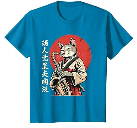 Kimono Samouraï Japonais Jazz, Chat Drôle Jouant Saxophone T-Shirt
