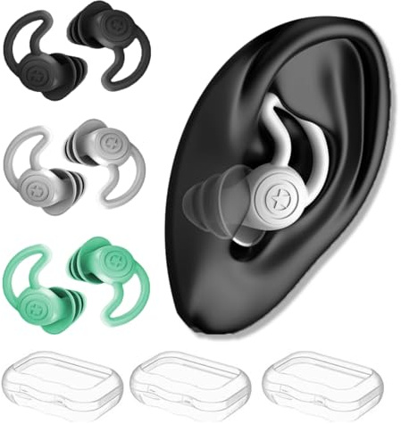 Swimming Ear Plugs Adults, 3 Pairs Waterproof Reusable Silicone Swim Earplugs for Swimming, Surfing, Showering & All Water Sports (Black, Grey, Green)