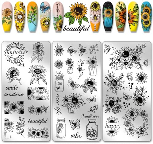 PH PandaHall 3pcs Plaques D'Estampage pour Ongles Tournesols Pochoirs D'Art pour Ongles Fleurs D'Été Modèles D'Art de Manucure Papillon Abeille Pochoirs à Imprimé pour Femmes Conception de Manucure