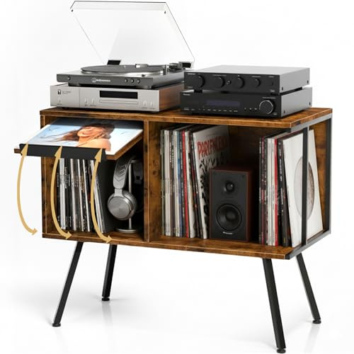 Faesun Flip Top Record Player Stand, Large Turntable Stand Holds up to 150+ Albums, Vintage Mid Century Record Player Table, Stereo Cabinet with Open Storage, for Living Room, Bedroom, Rustic Brown