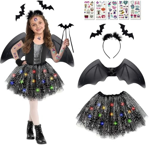 Gozuein Deguisement Chauve Souris Fille Carnaval – Costume 5 Pièces avec Jupe Tutu LED Lumineux, Ailes, Baguette, Serre-Tête et tatouage enfant, 3 – 8 Ans Idéal pour Carnaval, Cosplay (Noir)
