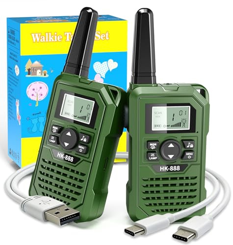 Green Walkie Talkies for Kids Rechargeable,Outdoor Toys for 6-18 Year Old Boys,2 Pack Kids Walkie Talkies with 8 Channels, Birthday Gifts for Kids Aged 10-18 for Adventure Camping Hiking