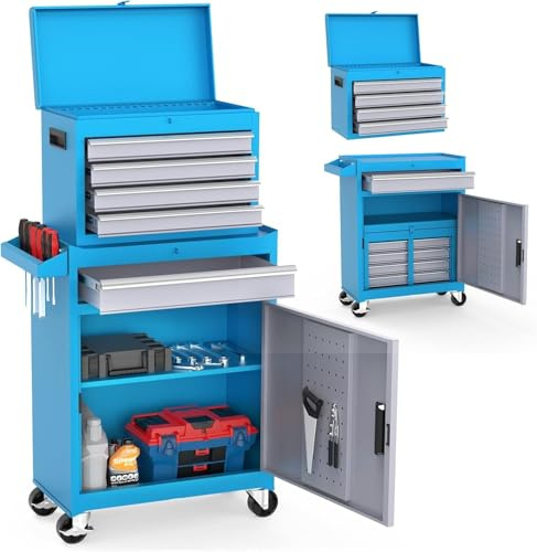 LEADZM Servante d'Atelier Outils avec Coffre Amovible, 5 Tiroirs | 2 Grande，Etabli Garage，Caisse à Outil Roulante& Armoire à Étagère Réglable，pour Garage, Atelier(Bleu)