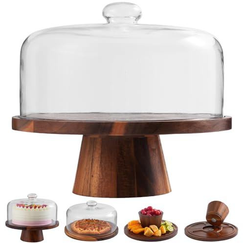 ChilkukUie Acacia Wood Cake Stand with Glass Lid – 12 Magnetic Base, Detachable Serving Tray for Cake, Cheese, Charcuterie, Snacks & Desserts – Wooden Cake Holder for Parties & Kitchen Display
