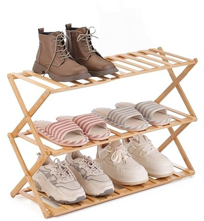 BM Scarpiera in Bambù a 3 Ripiani – Portascarpe Salvaspazio, Scaffale Scarpe per Ingresso, Camera da Letto e Corridoio – Design Naturale e Robusto