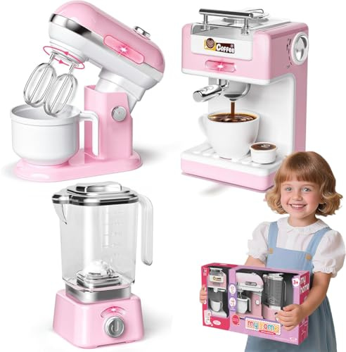 BAKAJI Set 3 Elettrodomestici da Cucina Giocattolo Rosa per Bambini, Planetaria, Macchina del Caffè e Frullatore, Luci e Suoni Realistici, Mixer, Impastatrice, Coffee Maker, Idea Regalo
