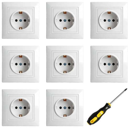 8 Stück Steckdose Unterputz Set, 220V~250V 16A Schutzkontakt-Steckdose mit erhöhtem Berührungsschutz, 1 Fach Schutzkontakt Wandsteckdosen 82 mm für Wohnzimmer Küche Büro (Weiß)
