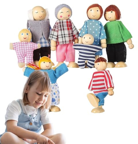 Familjefigurer av trä – 8-delade flexibla rollspelsdockor, familjedockor, handmålade mänskliga figurkollektion av trä | förskola dagis barn skola flicka lekrum