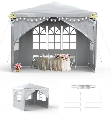 LZQ Paviljong festtält trädgårdspaviljong 3 x 3 m popup-stil snabb montering vattentätt festtält med fönster, tak och 4 sidoväggar, öltält utomhus trädgårdstält för fest, camping, marknad, grå