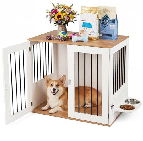 COSTWAY Dog Crate Furniture, Wooden Dogs Cage | 80cm Indoor Puppy Kennel Pet House Side Table with Double Lock Doors, 360° Rotating Feeder & Bowls, for Small Medium Dogs