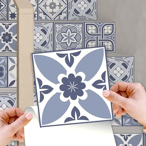 WALPLUS 24 Pcs 15cm(6) Tile Stickers Peel and Stick Backsplash Self-Adhesive Removeable Stick on Wall Vinyl Home Decoration DIY for Living Kitchen Bedroom Splashbacks - Lisbon Blue
