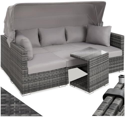 tectake® Lounge in Rattan, Resistente ai Raggi UV, Divano con Parasole Ripiegabile, Telaio in Alluminio, Schienale Regolabile, Tavolino da Giardino, Componibile, Cuscini per Esterno - Grigio