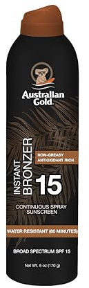 Australian Gold Continuous Spray Sunscreen SPF 15 | Instant Bronzer, 6 Fl