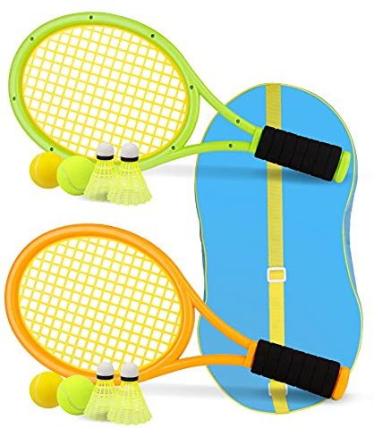 Kids Tennis Racket,17 Inch Plastic Tennis Racket with 2 Soft Balls,2 Tennis Balls and 4 Shuttlecocks for Kid,Toddler Outdoor/Indoor Sport Play (Orange & Green)