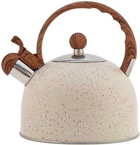 Webao Wasserkessel Induktion, Edelstahl Teekessel mit Holzmasergriff, Max 2,2L Moderne Wasserkocher für alle Herdarten, Flötenkessel mit Pfeifton für Tee, Kaffee, Galaxie Weiß