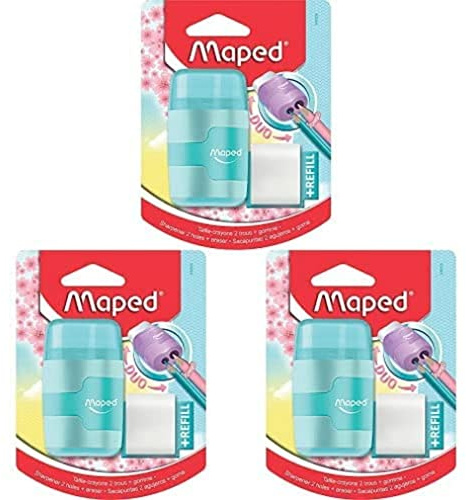 Maped Taille-Crayon Connect 2 Trous avec Gomme sans PVC + 1 Recharge Gomme Medium - Coloris Pastel Aléatoire Bleu, Violet ou Rose, 49230, Paquet de 3
