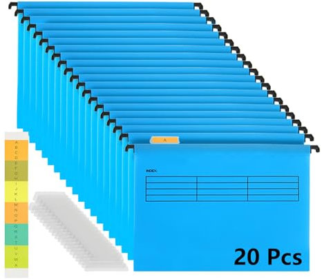ZOFUN 20 Stück A4 Hängemappen, Hängemappen Kanzleipapier mit Einsätzen und Reitern, blaues Kanzleipapier, Kunststoff Klassifizierungsordner für Aktenschrank, Schule, Zuhause, Büro, Organisation