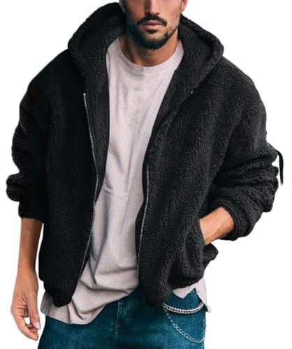 shownicer Homme Teddy Fleece Jacket à Capuche Veste en Polaire Hiver Chaud Veste Sweats Manches Longues Polaire Peluche Veste Blousons Manteaux Homme A Noir 3XL