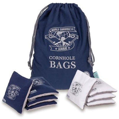 Uber Games - World Cornhole League – 8 professionelle Cornhole Sitzsäcke – 4 x Grün & 4 x Grau – Offizielle Größe 15 cm x 15 cm (6 x 6 Zoll) & 450 g (16 oz) – Doppelt genäht & zweiseitige (Blau-Weiß)