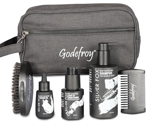 Godefroy Colección completa de cuidado masculino Silver Fox, kit para barba y bigote con bolsa de viaje, regalo para hombre.