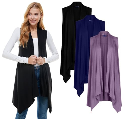 Azules Sleeveless Cardigan for Women, Soft Lightweight Duster Open Front Sleeveless Long Cardigan Vest (3 Pack)