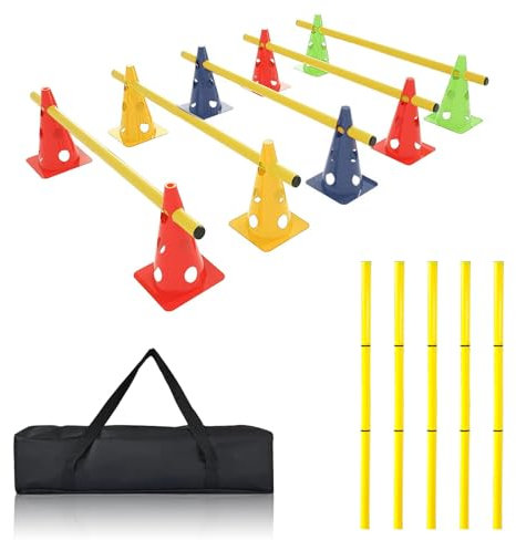 Geoyien Hürden Set, Fussball trainingszubehör, Agility Set Hunde, Hindernisse für Kinder, Trainingsset, 5 Stangen, 10 konische Barrikaden, 1 Aufbewahrungstasche, für Hunde, Kinder, Sporttraining
