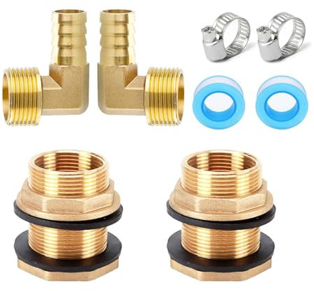 Raccord Citerne Eau de Pluie WISIRENT, 2 Pcs Filetage Extérieur 3/4 Filetage Intérieur 1/2, Traverse de Réservoir en Laiton, Passage de Citerne en Raccords Coudés en Laiton à 90°