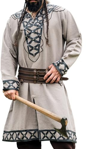 Leonardo Carbone® Tunique viking Erik - Vêtement médiéval pour homme, chemises de loisirs, manches courtes, costume de carnaval, tunique viking, vêtements LARP - 100 % coton avec applications en cuir