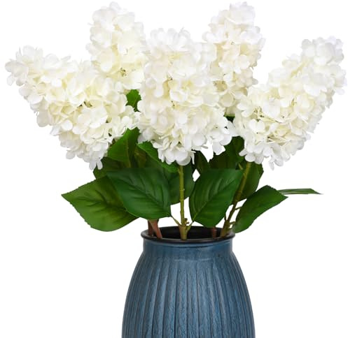 JUSTOYOU 3 set konstgjorda hortensior konstgjorda blommor, enkel lång stam realistisk hydrangea-blommor, 29,5 tum stor äkta touch fejk hydrangea buketter för bröllop hem fest trädgård (sidenvit)