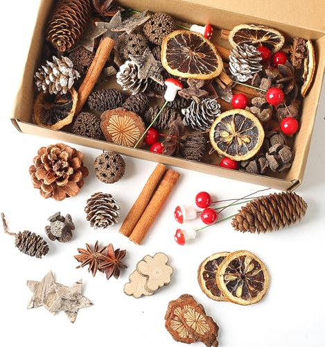 HERZONE Corona dell'Avvento, 95 pezzi, decorazione natalizia per il fai da te, corona dell'Avvento con pino d'olio, fette d'arancia, anice stellato, betulla, funghi, bacche (C)