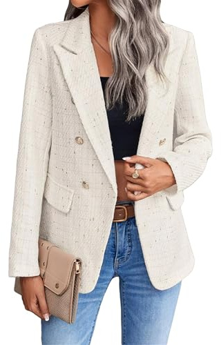 Chaqueta blazer de tweed a cuadros para mujer, blazer a cuadros para mujer, blazers para mujer para el trabajo casual, beige, XL
