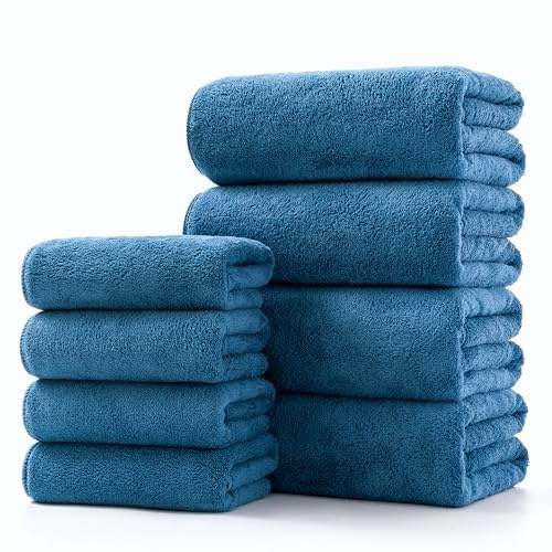Lumimi Towel Set of 8 Very Soft Microfiber 4 Bath and 4 Hand Towels Quick Dry Light Weight for Bathroom Gym Salon, 8 Pack Blue
