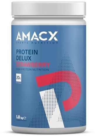 AMACX Protein Delux – Batido de Proteinas Whey de 1kg – Whey Protein Isolate – Proteina en Polvo para la Construcción y Recuperación Muscular – Fresa