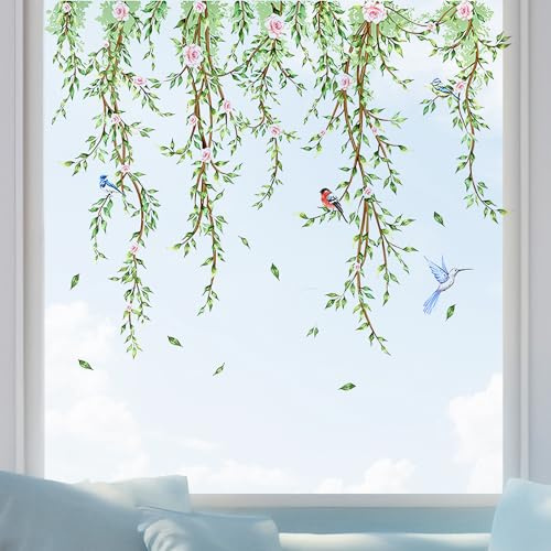 Fönsterklistermärken, fönsterbilder sommar eukalyptus blommor design 60 x 30 cm, återanvändbar PVC-film utan rester för glas och spegel fågelskydd och rumsdekoration